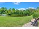 Community pond with lush landscaping and a park bench at 107 Darcy Avenue, Goose Creek, SC 29445