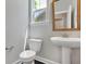 Modern powder room with pedestal sink, toilet, and ornate mirror at 361 Wappoo Trace Ln, Summerville, SC 29486