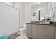 Simple bathroom with shower/tub combo, single vanity, and neutral decor at 301 Longshore St # 423, Charleston, SC 29492