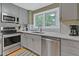Modern kitchen with stainless steel appliances and white quartz countertops at 589 Oyster Rake Dr, Kiawah Island, SC 29455