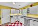 White kitchen cabinets, yellow walls, and a red and white checkered floor at 148 Chadwick Dr, Charleston, SC 29407