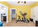 Bright bedroom with yellow walls, neutral carpeting, and home gym at 208 Sweetspire Ln, Summerville, SC 29483