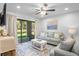 Bright living room with comfy sofas, a coffee table, and sliding glass doors leading to a patio at 121 High Hammock Villas # 121, Seabrook Island, SC 29455