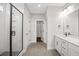 Modern bathroom with double vanities, quartz countertops and a glass shower at 175 Cantona Dr, Summerville, SC 29483
