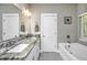 Elegant bathroom with double sinks, granite countertop, and a soaking tub at 154 Pecan Dr, Summerville, SC 29483