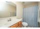 Clean bathroom with a light blue shower curtain and wood cabinets at 4966 Ballantine Drive, Summerville, SC 29485