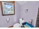 Small bathroom with blue sink and lavender walls at 203 Hickory Nut Drive, Harleyville, SC 29448