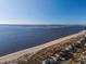 Wide aerial view of coastline, beach and ocean with residential homes at 3131 Palmetto Blvd, Edisto Island, SC 29438