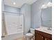 Clean bathroom, featuring a shower/tub combo and wood vanity at 313 Oakbend St, Summerville, SC 29486