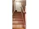 View of carpeted stairway with white railing and door at the top at 141 Wintergreen Rd, Walterboro, SC 29488