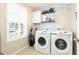 Laundry room with Samsung washer and dryer, white cabinets, and window with shutters at 202 Lab Ct, Moncks Corner, SC 29461