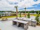 Two built-in grills with stone accents, picnic tables, and community amenities in background at 252 Watersglen Way, Summerville, SC 29486