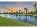 Scenic view of a tranquil lake with lush greenery, reflecting the sunset at 120 Haverhill St, Summerville, SC 29486