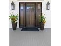 Elegant dark wood front door flanked by planters and lanterns at 3583 Somerset Hills Ct, Mount Pleasant, SC 29466