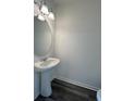 Modern single-sink bathroom with pedestal sink, mirror, and gray vinyl flooring at 1805 Scarlett Maple St, Summerville, SC 29486