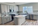 Modern kitchen with gray cabinets, quartz countertops, and stainless steel appliances at 768 Blueway Ave, Summerville, SC 29486