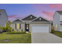 Tan house with a dark brown roof, white garage door, and landscaping at 182 Greenwich Dr, Summerville, SC 29486