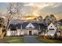 Stunning white farmhouse exterior with a black roof, large windows, and a paved driveway at Lot 93 Lady Banks Ln, Hollywood, SC 29470