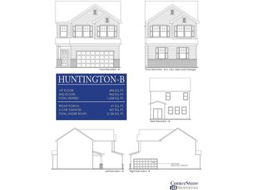 Architectural drawing of Huntington-B model, showcasing front, rear, and side elevations at 107 Pumice Dr, Statesville, NC 28625