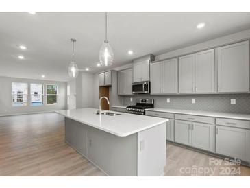 Modern kitchen with island, stainless steel appliances, and gray cabinets at 1742 Blanche St, Charlotte, NC 28262