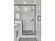 Large walk-in shower with subway tile and black accents at 1424 Hamilton St # 12, Charlotte, NC 28206