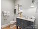 Modern bathroom with gray vanity, marble shower, and white toilet at 130 Cherokee Rd # 102, Charlotte, NC 28207