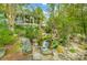 Landscaped backyard with a pond, surrounded by lush greenery at 9504 Deer Run Rd, Waxhaw, NC 28173