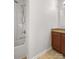 Clean bathroom with shower/tub combo and granite vanity at 24589 Blue Heron Cir, Lancaster, SC 29720