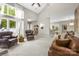 Spacious living room with fireplace, high ceilings, and leather furniture at 11 Shipmaster Ct, Clover, SC 29710