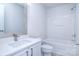 Clean bathroom, featuring a vanity with quartz countertop and shower/tub combo at 12914 Mosby Ln, Charlotte, NC 28273