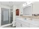 Basement bathroom with walk-in shower and white vanity at 909 Shinnville Rd, Mooresville, NC 28115