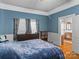 Blue bedroom with hardwood floors and access to bathroom at 510 5Th St, Spencer, NC 28159