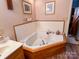 Bathroom featuring a corner jacuzzi tub and wood vanity at 1470 River Hills Ct, Taylorsville, NC 28681