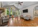 Spacious living room with hardwood floors, fireplace and access to deck at 7230 Timber Ridge Dr, Mint Hill, NC 28227