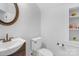 Small powder room with pedestal sink and open shelving at 15610 Youngblood Rd, Charlotte, NC 28278