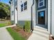 Townhome entrance with dark brown door, gray siding, and landscaping at 8009 Elevate Ct, Charlotte, NC 28205