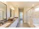 Modern bathroom with double vanity and a glass shower at 7015 Cobblefield Ln, Denver, NC 28037