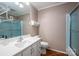 Bathroom with single sink vanity and shower/tub combo at 1890 Rhyneland Rd, Lincolnton, NC 28092
