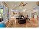 Spacious living room with vaulted ceilings, hardwood floors, and a cozy seating area at 4364 Hager Mountain Ln, Iron Station, NC 28080