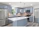 Modern kitchen with island, stainless steel appliances, and light blue cabinetry at 2009 Echo Ln, Gastonia, NC 28052