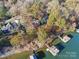 Aerial view of lakefront home with dock and large backyard at 151 River Ridge Ln, Statesville, NC 28677