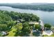 Wide aerial view showcasing the home's waterfront location and private dock at 50444 Haven Bend Rd, Albemarle, NC 28001