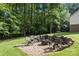 Backyard with fire pit and seating area surrounded by trees at 1447 London Dr, Rock Hill, SC 29732