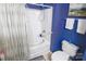 Bathroom with tub shower and gray shower curtain at 1017 Silver Springs Rd, Fort Mill, SC 29715