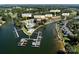 Aerial view of waterfront property with marina and clubhouse at 18641 Harborside Dr, Cornelius, NC 28031