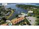 Aerial view of waterfront property with pool and restaurant at 18641 Harborside Dr, Cornelius, NC 28031