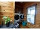 Laundry room with front load washer and dryer, built-in cabinets, and window at 1235 Bob Falls Dr, Shelby, NC 28150