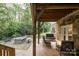 Stone patio with fire pit, seating area and wooded view at 1936 46Th Avenue Ne Dr, Hickory, NC 28601