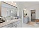 Bathroom with granite countertop, double vanity, and shower at 7055 Stella Pl, Stanley, NC 28164