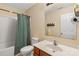Clean bathroom with a shower/tub combo, vanity, and a mirror at 5051 Meanna Dr, Clover, SC 29710